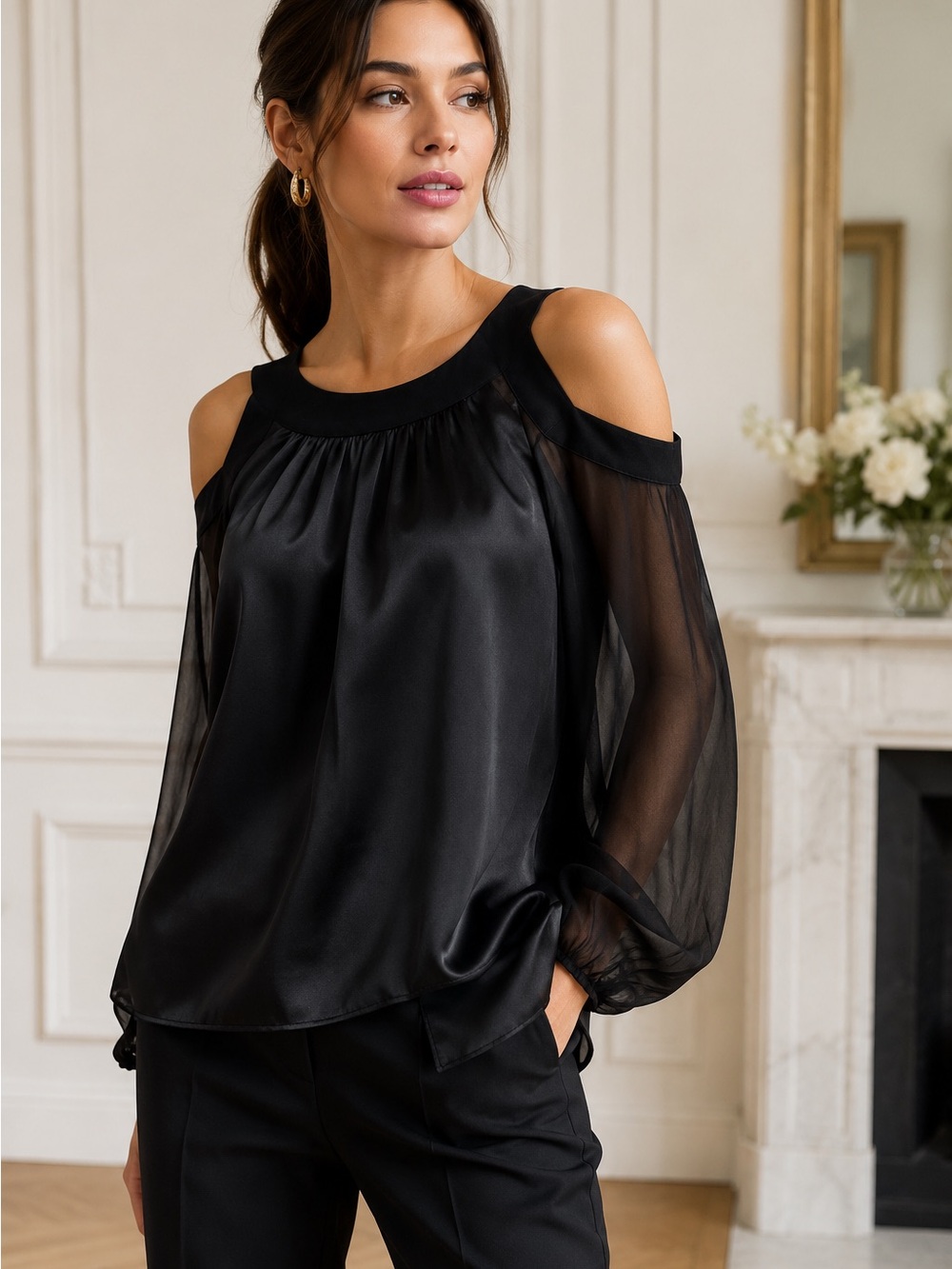 NWT Givenchy Paris Cold Shoulder Silk Blend Blouse Black Sheer Sleeve Top 8